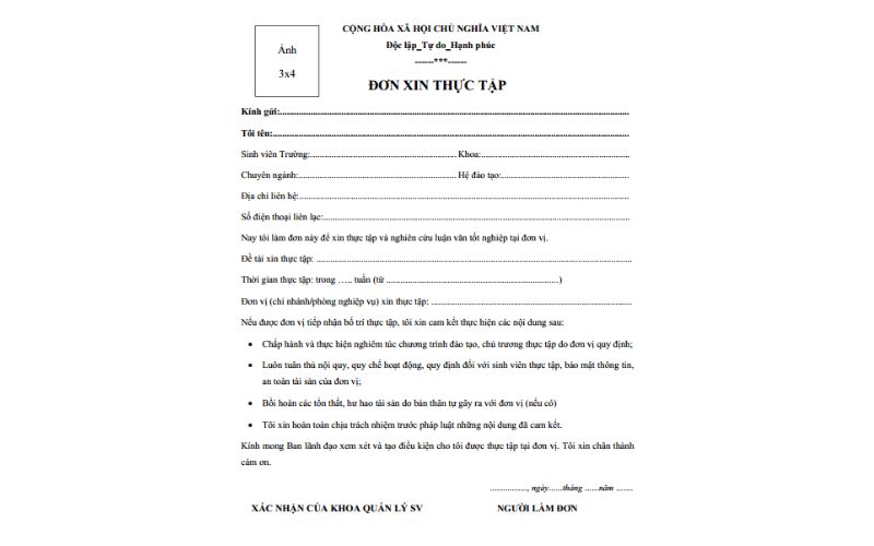 Mẫu đơn xin thực tập cơ bản