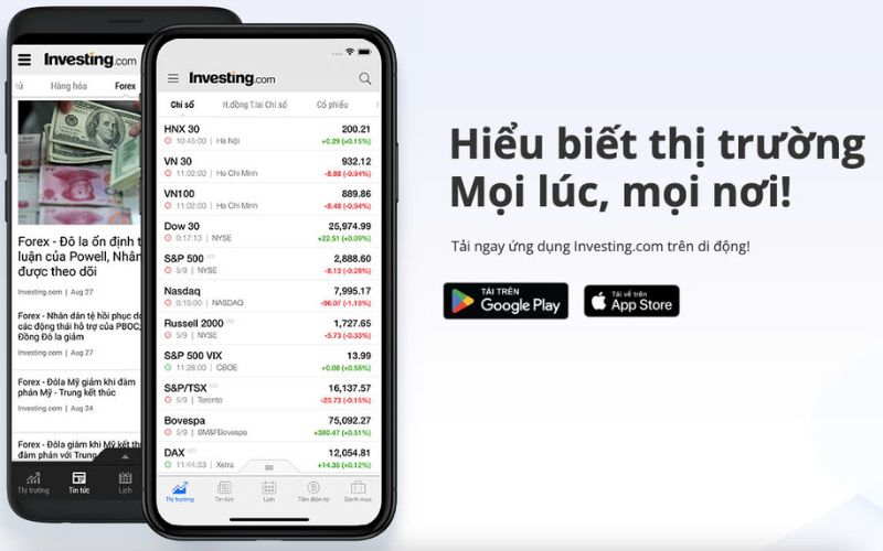 App theo dõi chứng khoán Investing.com