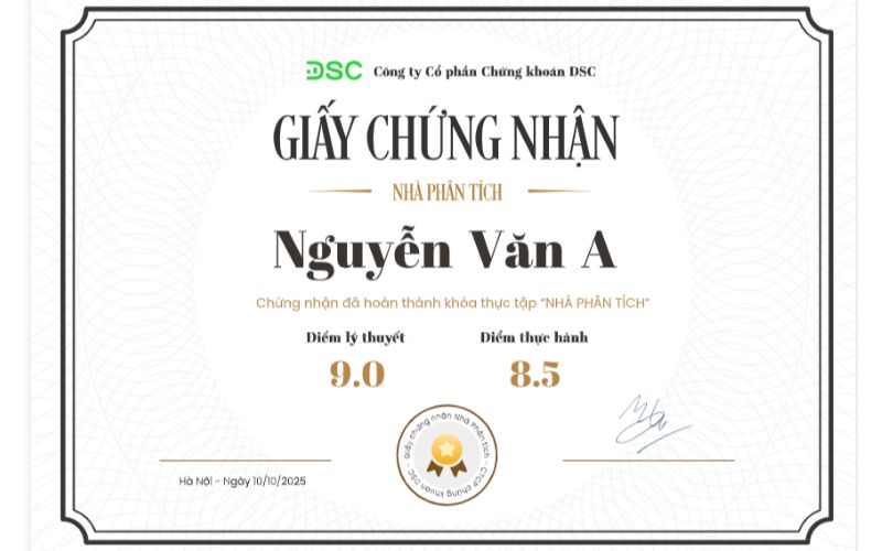Chứng nhận hoàn thành chương trình thực tập số uy tín từ DSC